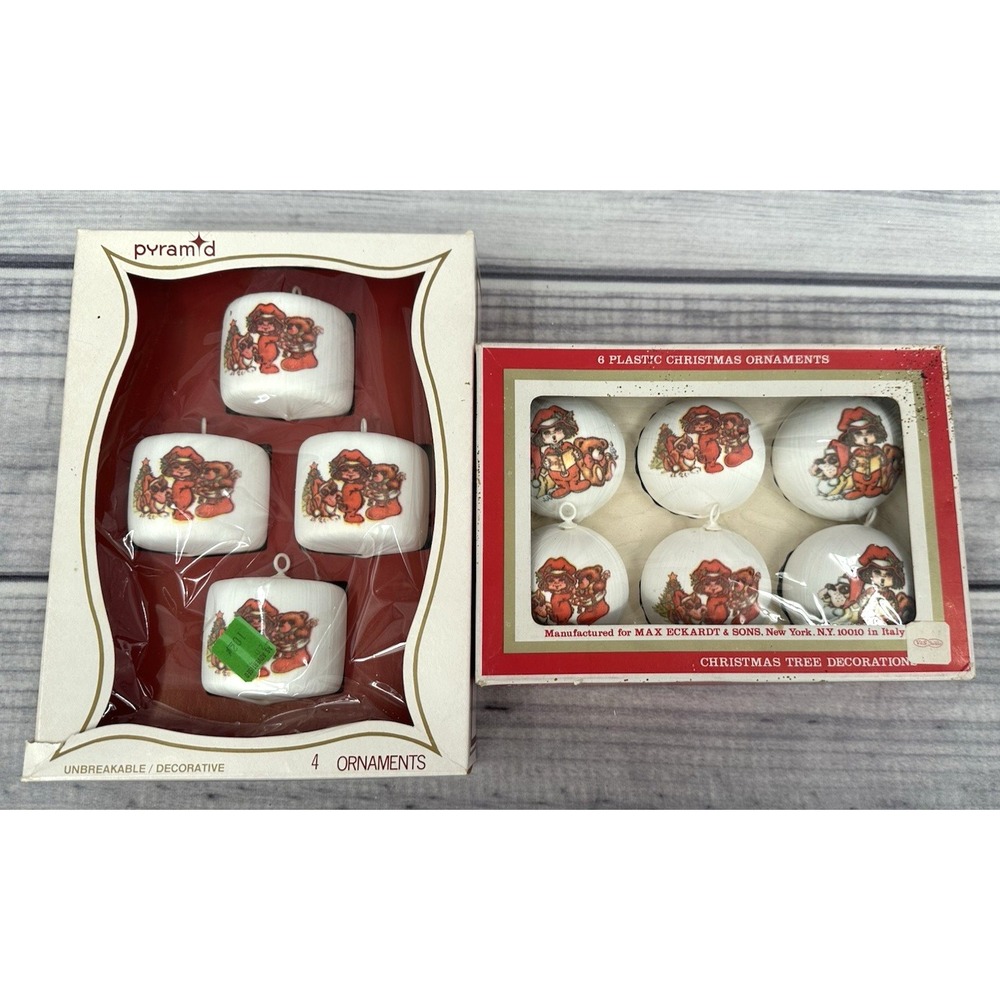 LOT OF 10 VINTAGE SATIN CHRISTMAS BALLS - ORIGINAL BOXES - STRAWBERRY SHORTCAKE?